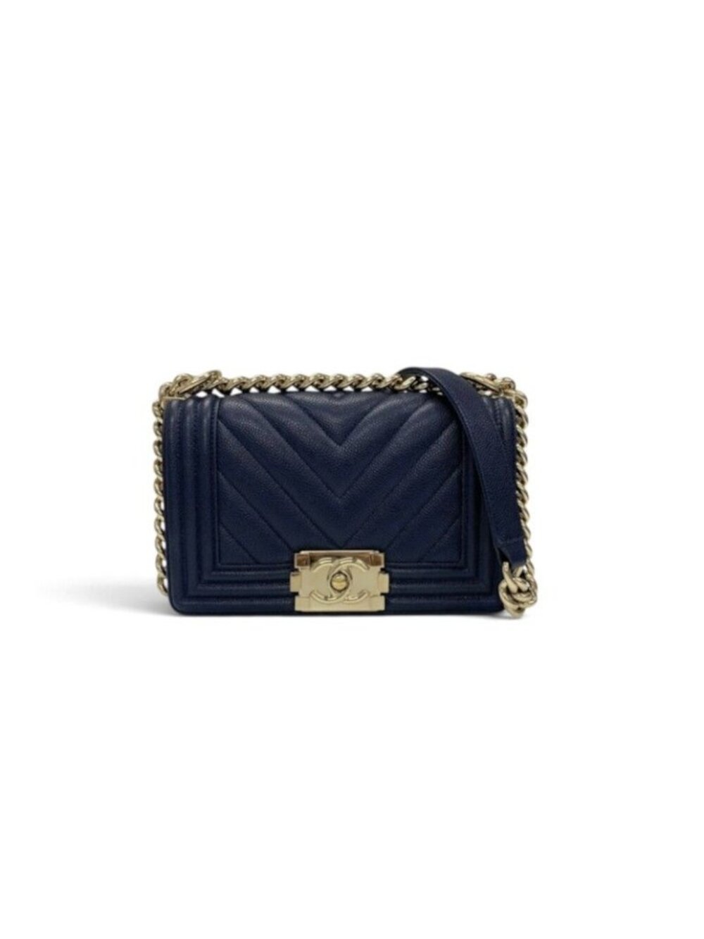 Chanel Boy 20 Shoulder Bag Navy Gold CC Logo Small V-stitch